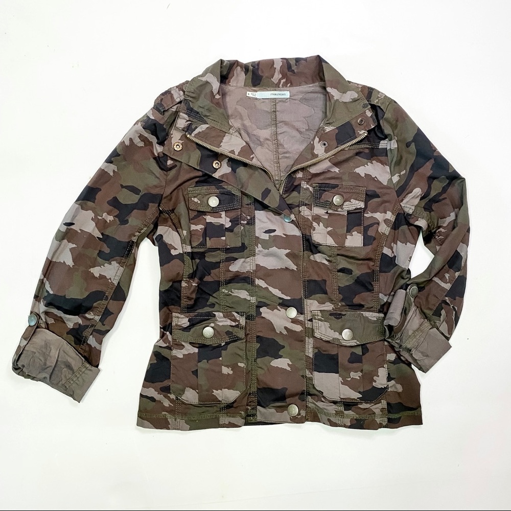 Urban camo jacket with aged gold hardware.